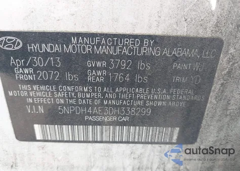 2013 Hyundai Elantra Gls z USA, uszkodzony, nr VIN 5NPDH4AE3DH338299